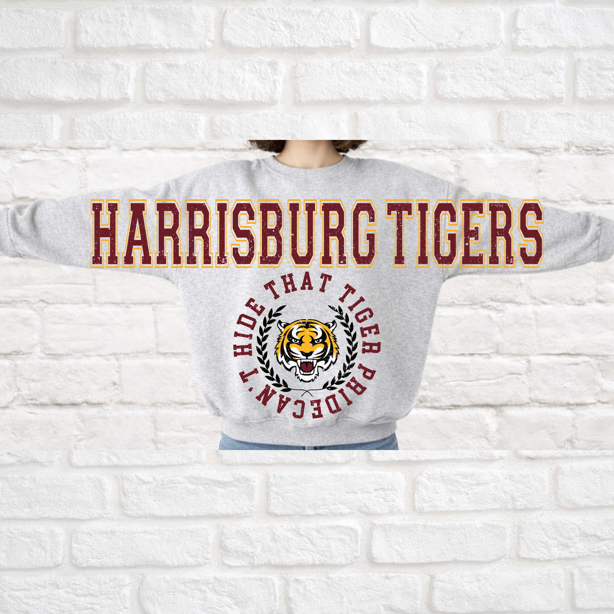 XXL Tigers Varsity Crew Neck | Big Front OR Back | Youth & Adult