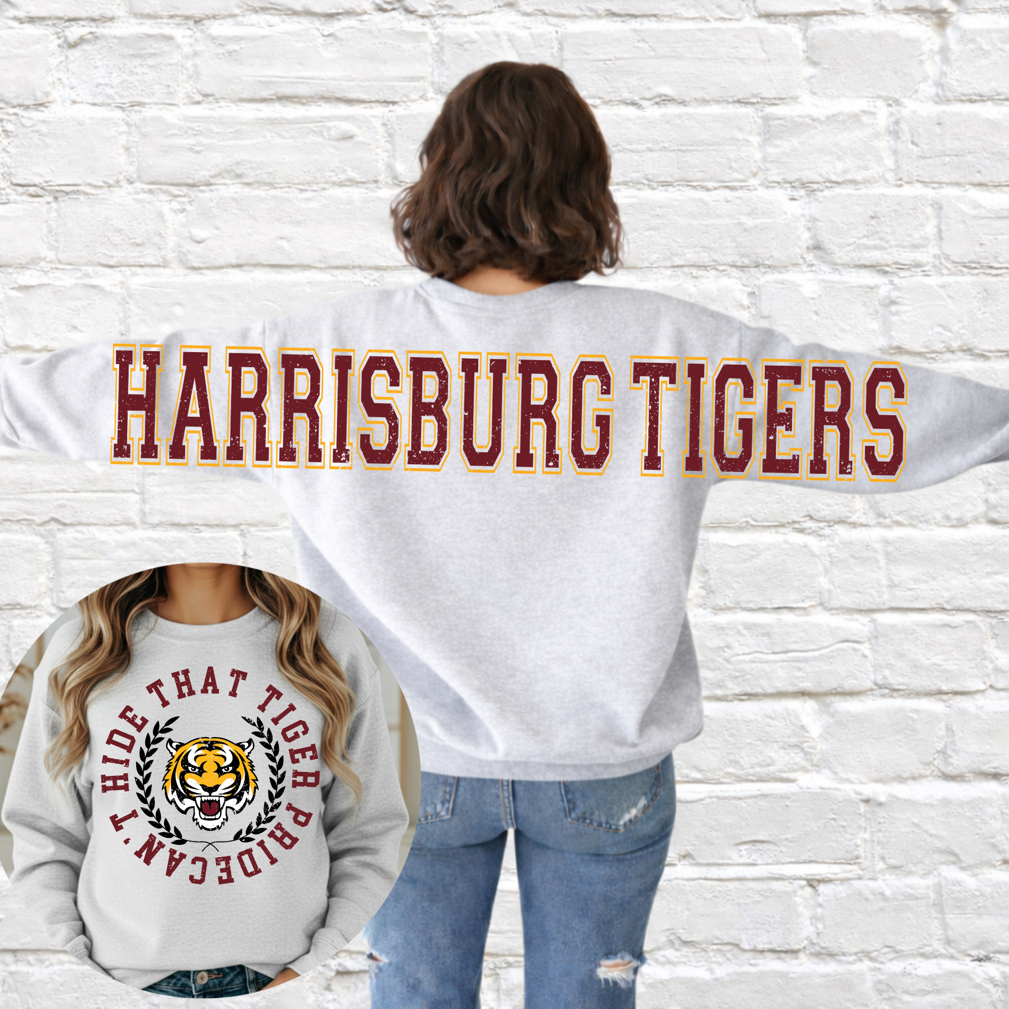 XXL Tigers Varsity Crew Neck | Big Front OR Back | Youth & Adult